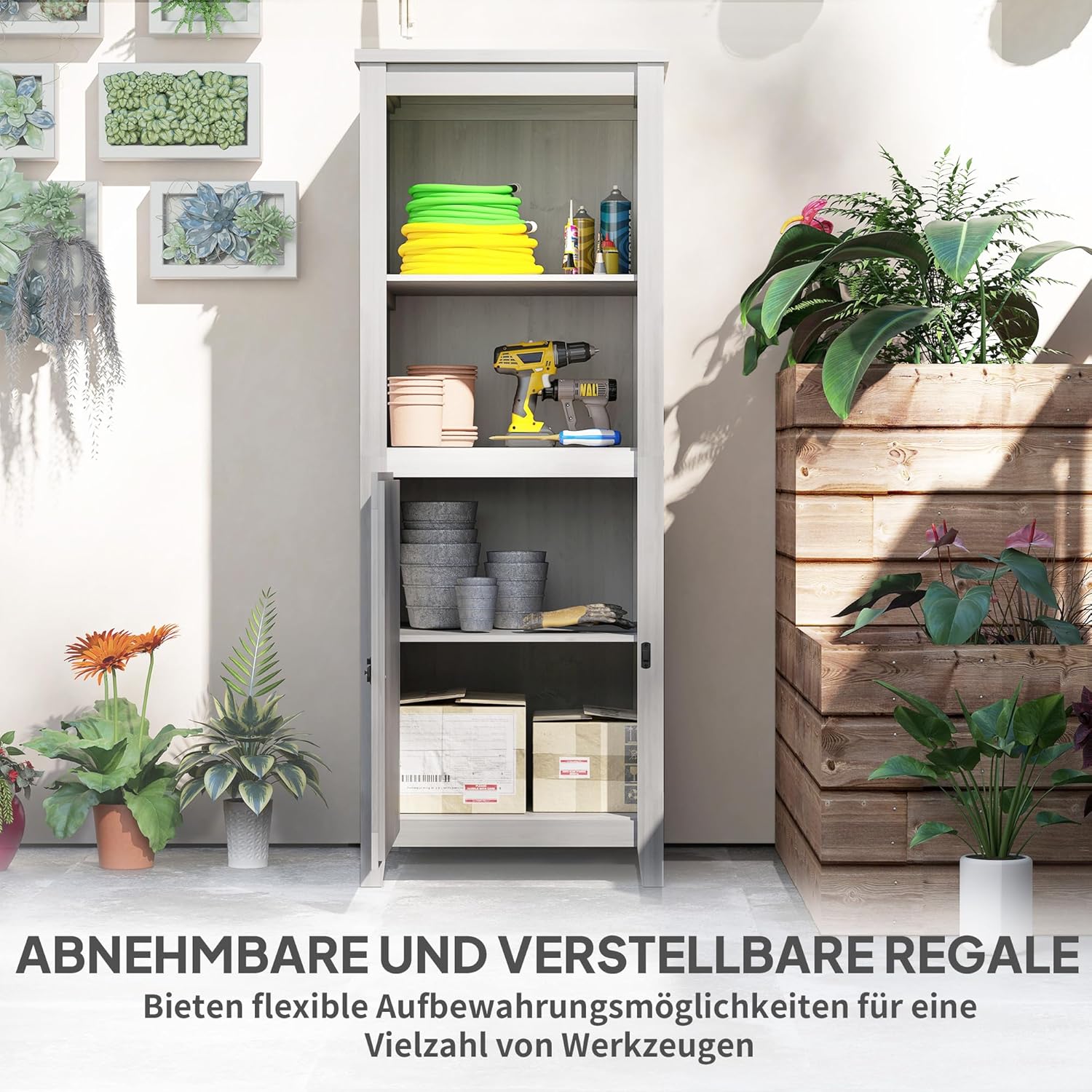 Outsunny Gartenschrank Holz, wetterfest 60x60x160cm Gartenschuppen, Geräteschuppen mit höhenverstellbar Ablagen, Tür, Abschließbar Gerätehaus, Geräteschrank für Terrasse, Hinterhof, Garten, Hellgrau