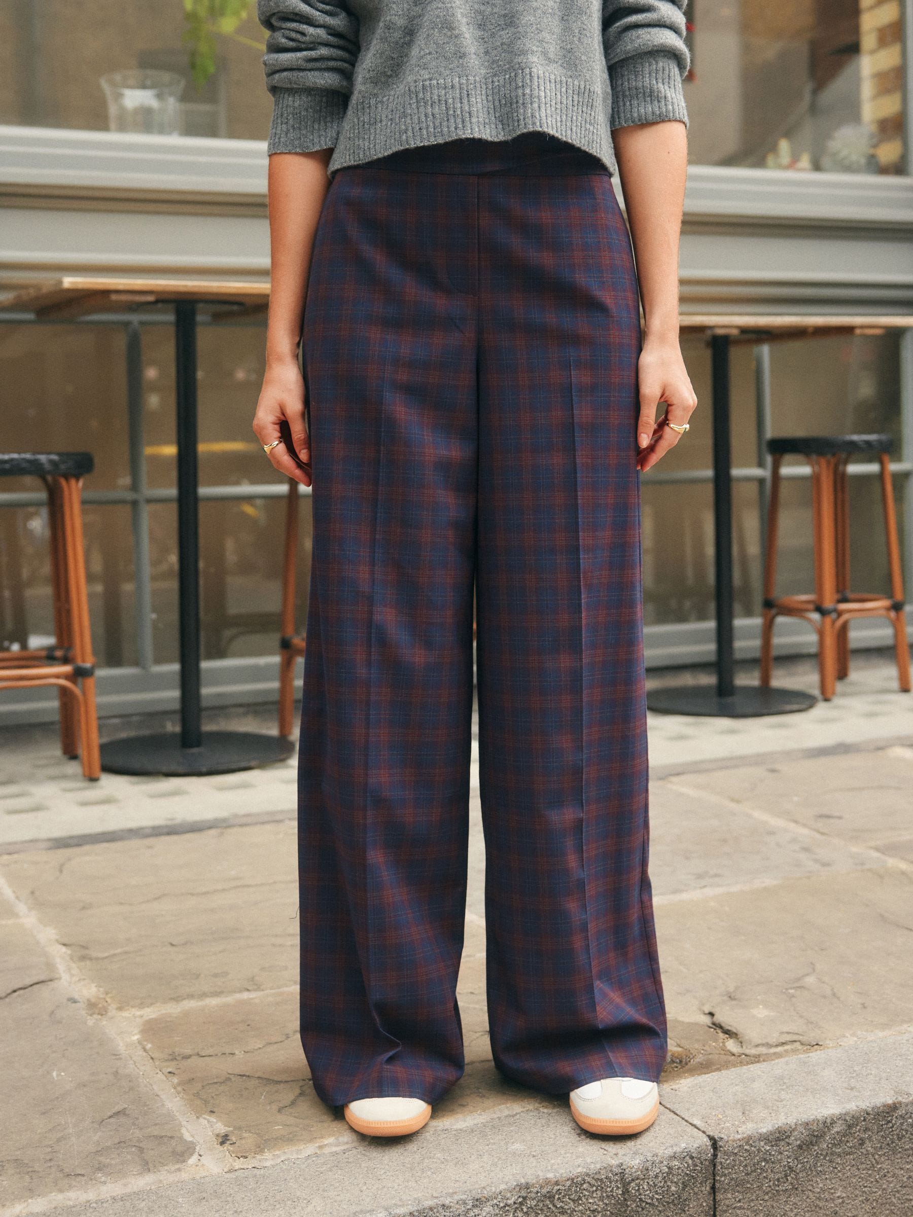 Burgundy Red/Navy Blue Check - Ruit Wijde pijpen Tailored Broeken