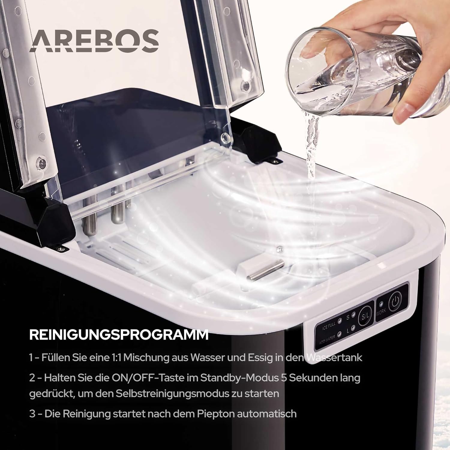Arebos Eiswürfelmaschine | Ice Cube Maker | 12 kg / 24 h | 10-15 Minuten Produktionszeit | 2 Eiswürfel-Größen | 2,2 Liter Wassertank | Eiswürfelbereiter | Leise | Selbstreinigungsfunktion | Schwarz
