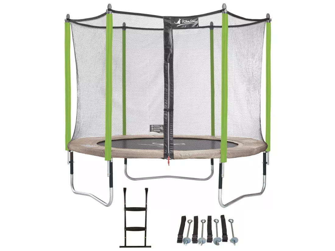 Kangui - Trampoline de jardin 305 cm + filet de sécurité + échelle + kit d'ancrage JUMPI Taupe/Vert 300