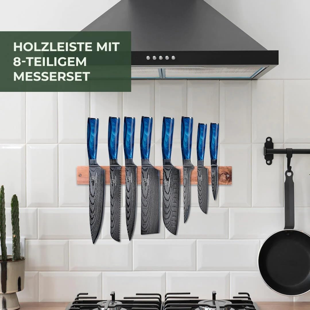 KÜCHENKOMPANE – Edelstahl Messerset Shiburu mit magn. Messerleiste als Messerblock | 8-teiliges Küchenmesser Set im Damast Design | Kochmesser mit ergonomischen Epoxid-Griff | Designed in Germany