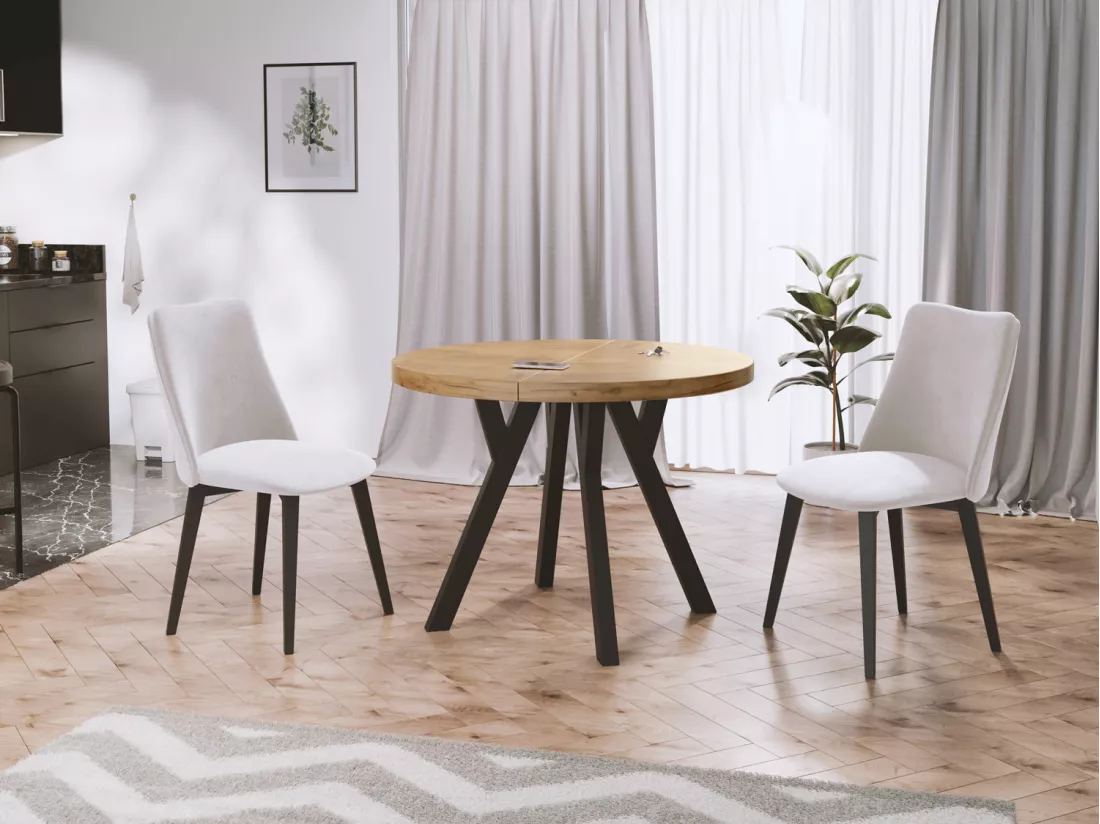 Table à Manger Extensible Ronde Designer - Style Loft, Industriel, Peu Encombrant - Pieds Noirs - 100 à 200 Cm - Pour 5-10 Personnes - Fabriqué En Ue - Chêne Wotan