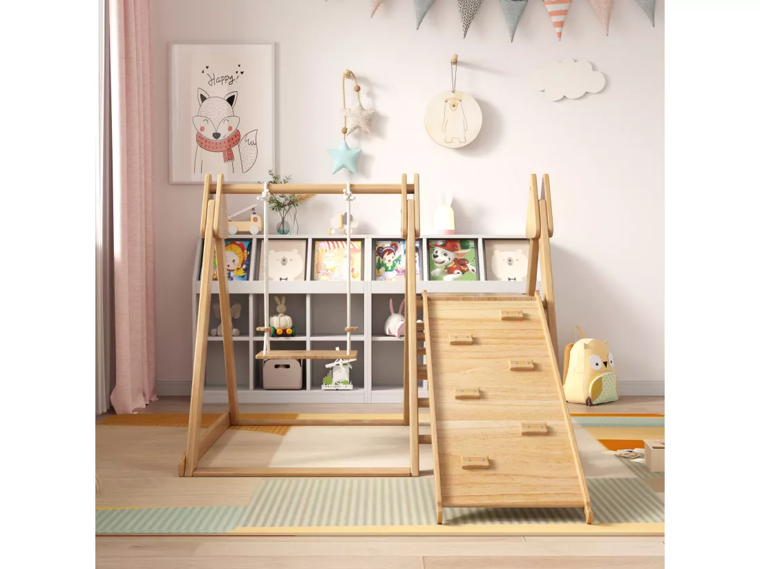 Jouet pour enfants 3 en 1, jouet en bois avec structure d'escalade, balançoire et toboggan