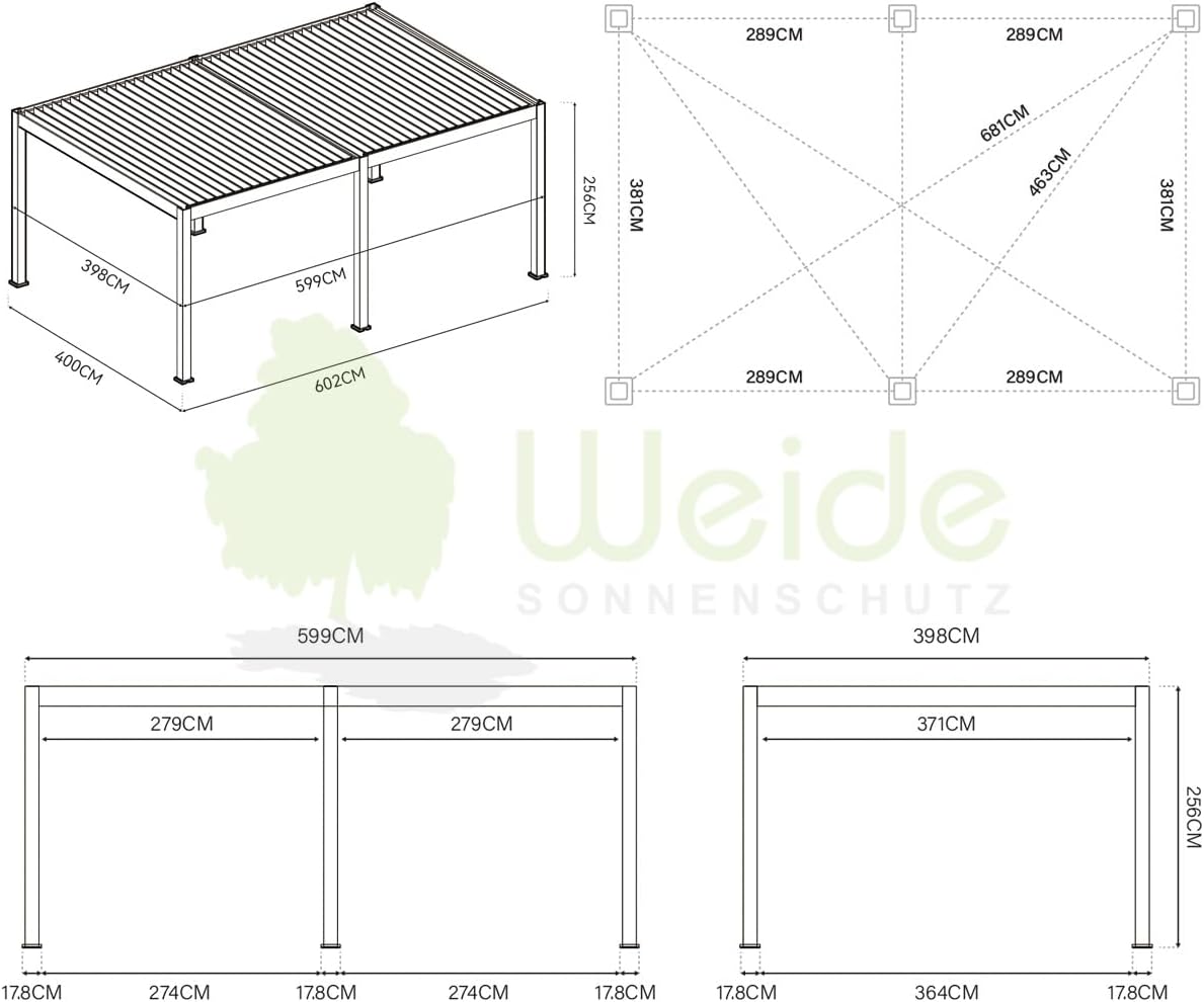 Pavillon Pergola 4x6m Terassenüberdachung freistehend mit Lamellendach verstellbar Gartenpavillon Hardtop wasserdicht stabil Winterfest Voll-Aluminium Grillpavillon wetterfest Weide Deluxe Plus Weiß