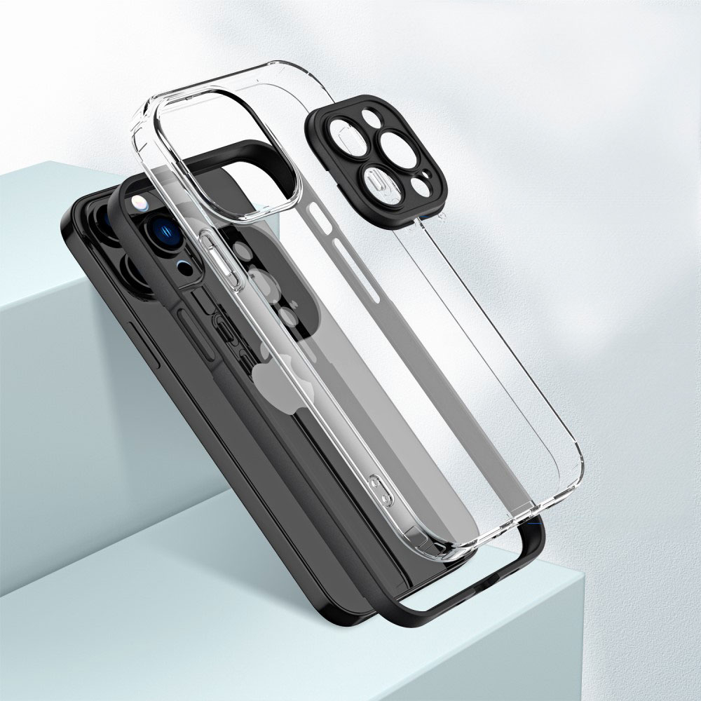3in1 iPhone 14 Pro Gummi Case Hülle mit Hardcase Rahmen   Kameraschutz - Schwarz
