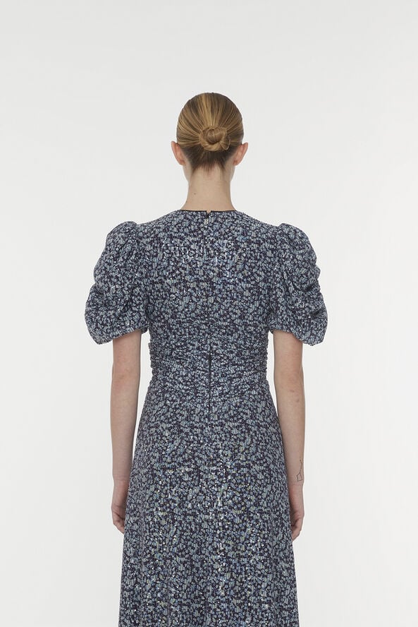 ROTATE Birger Christensen Puff Sleeve Sequin Dress Vibrant floral outline   purple pennant comb.