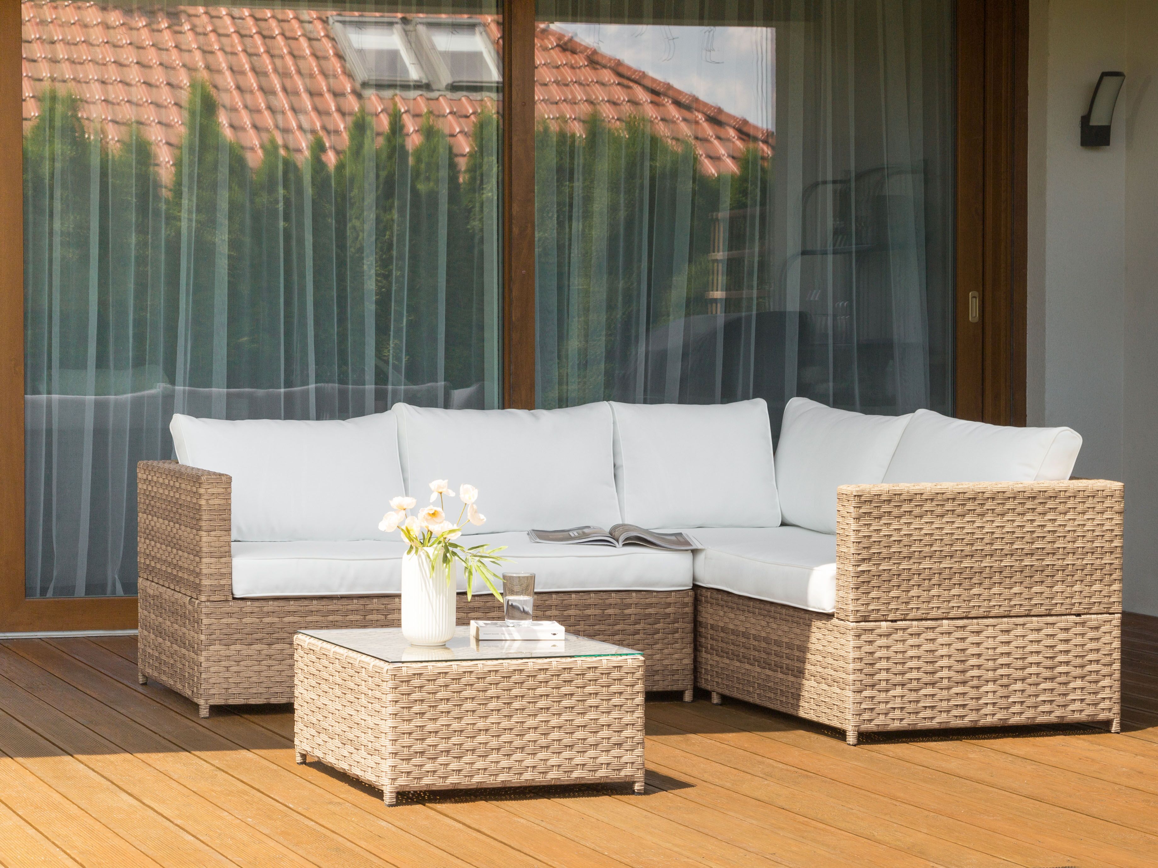 Tuin hoekloungeset met tafel 4-zits AVOLA linkszijdig PE rotan Gebroken wit