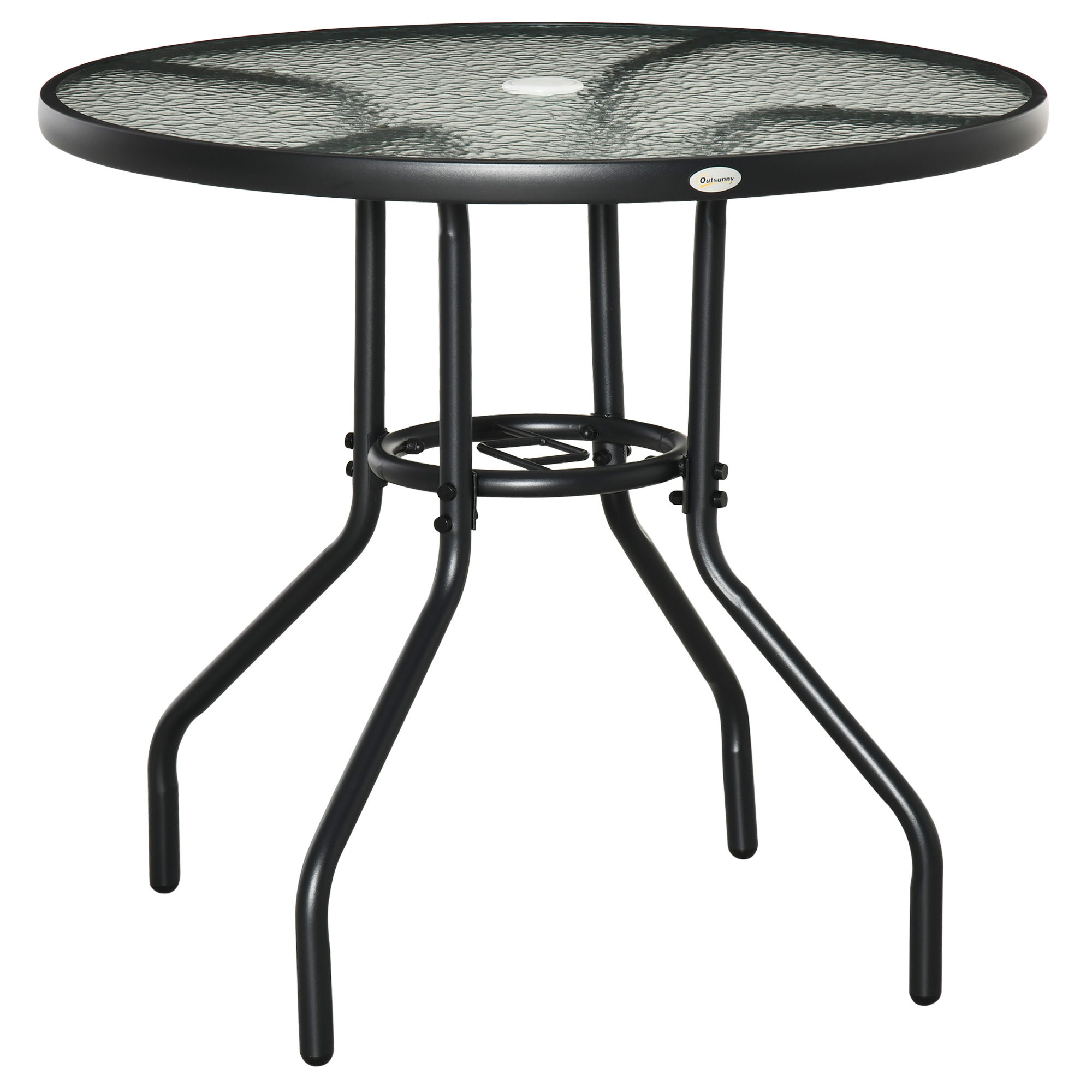 Mesa de jardim redonda Outsunny, mesa para exterior Ø80x72 cm com orifício para guarda-sol e tampo de vidro temperado para pátio e terraço, preta.
