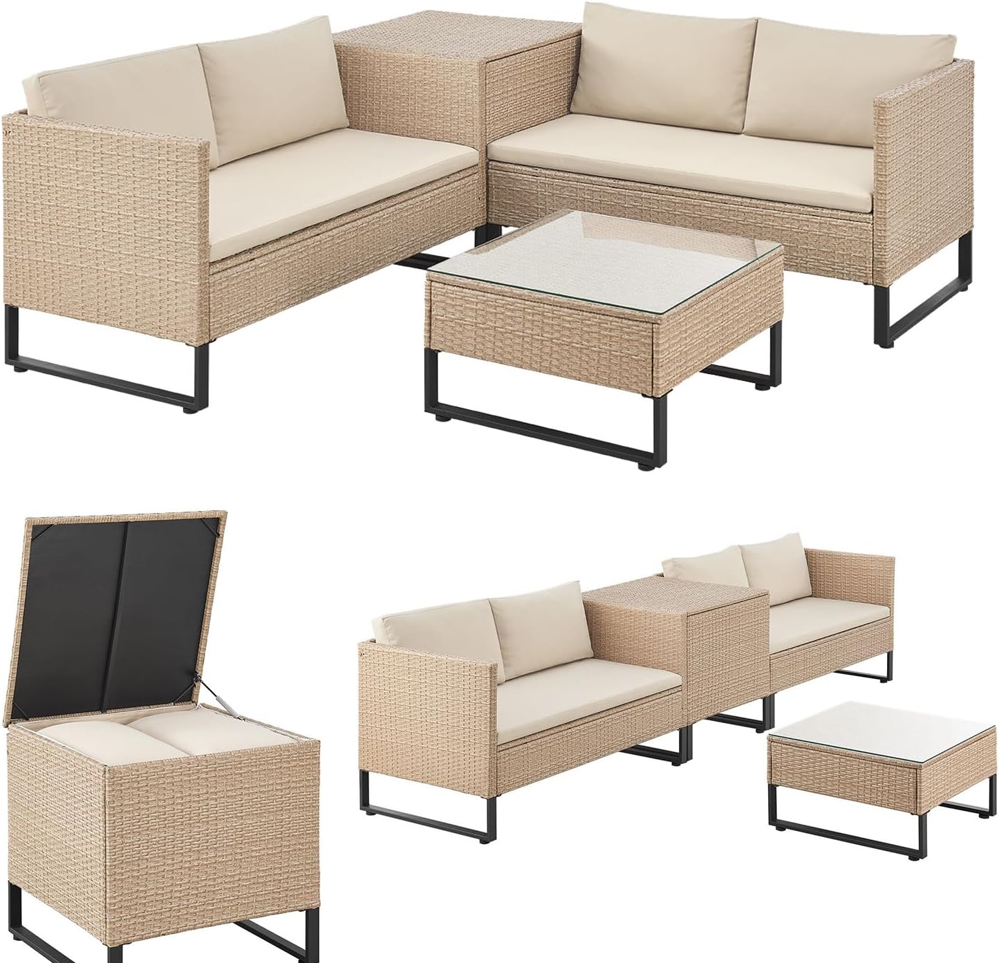 Juskys Outdoor Polyrattan Lounge Santorini - Gartenlounge mit Beistelltisch & Auflagenbox - Gartenmöbel Set Rattan Sitzecke wetterfest - Creme