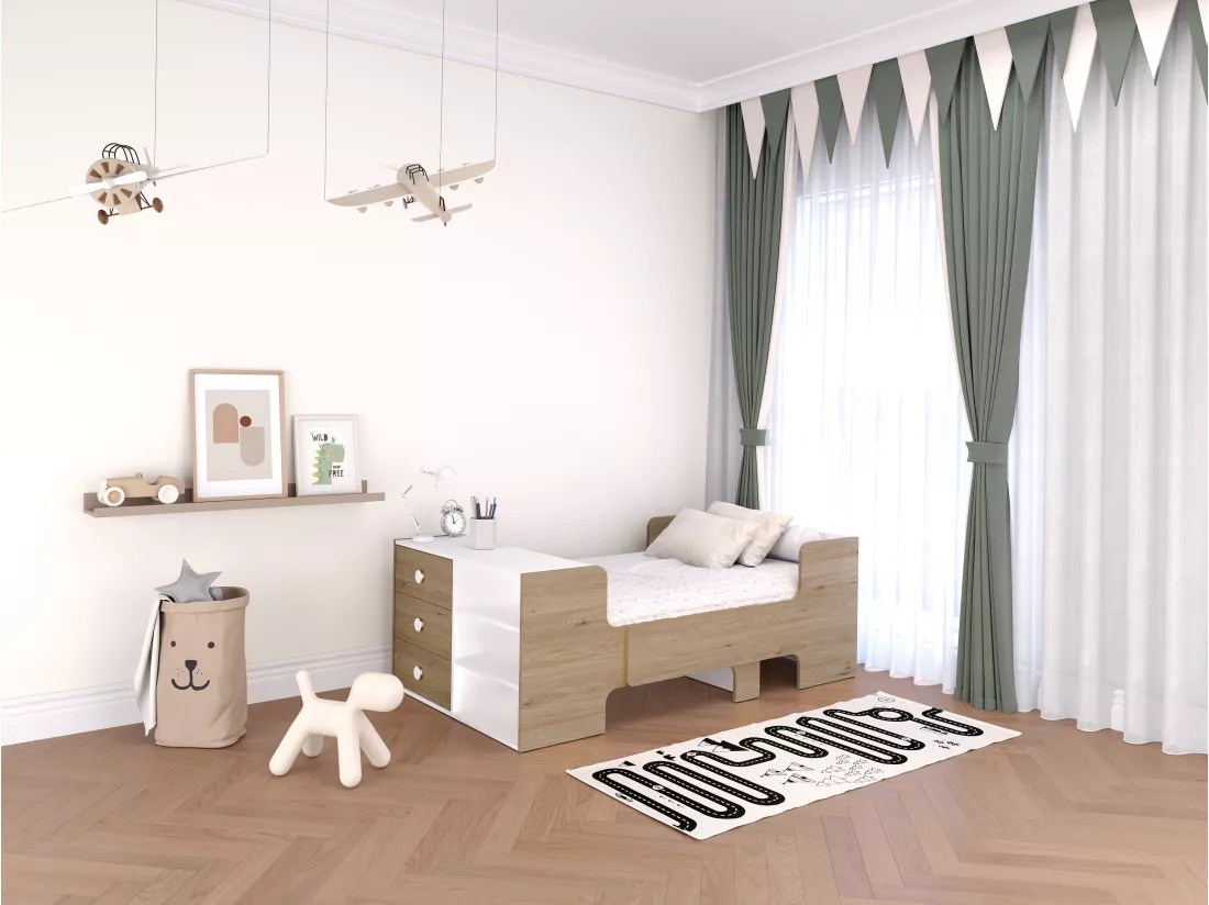 Lit évolutif 90 x 140/170/200 cm avec rangements - Coloris : Naturel et blanc + Matelas - GAROLIO