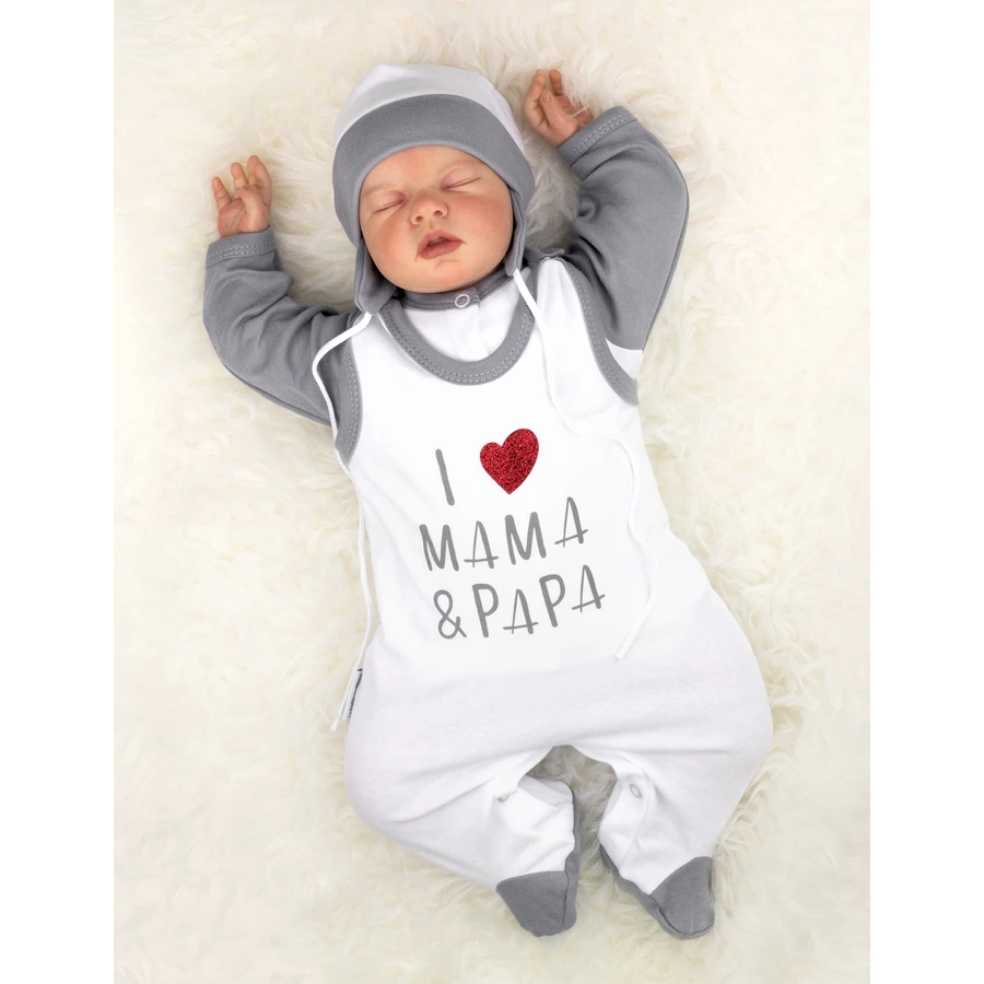 Baby Sweets 3tlg Set Strampler + Shirt + Mütze I love Mama & Papa weiß grau