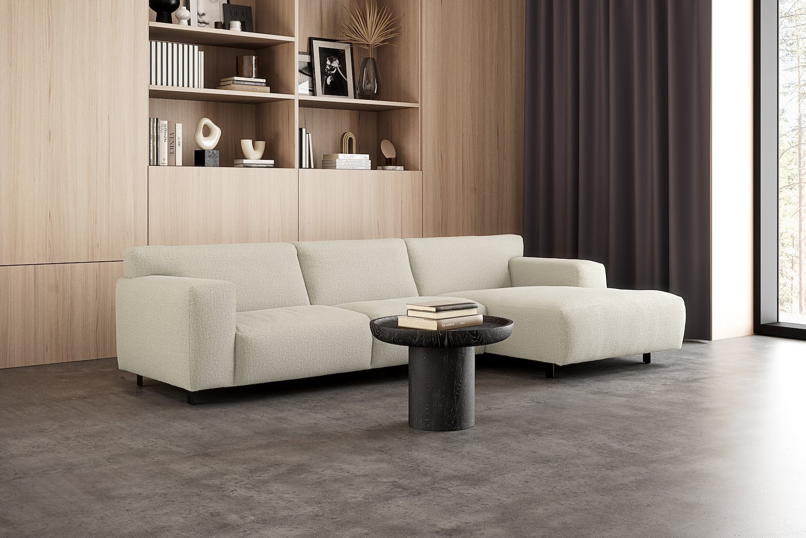 Vesta 2,5-seter med sjeselong høyre I Tekstil Marsel Beige, standardsøm, sort metallben 10 cm, Comfort CM
