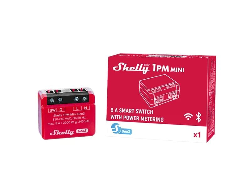 Shelly WLAN-Schaltaktor Mini PM Gen3, 2 Stück WLAN-gesteuerter intelligenter Schalter, 1 Kanal 8 A, mit Leistungsmessung