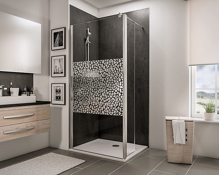 Paroi de douche fixe à l'italienne + déflecteur, 90 x 190 cm, Schulte NewStyle, Walk In, verre transparent anticalcaire, Galets chromés