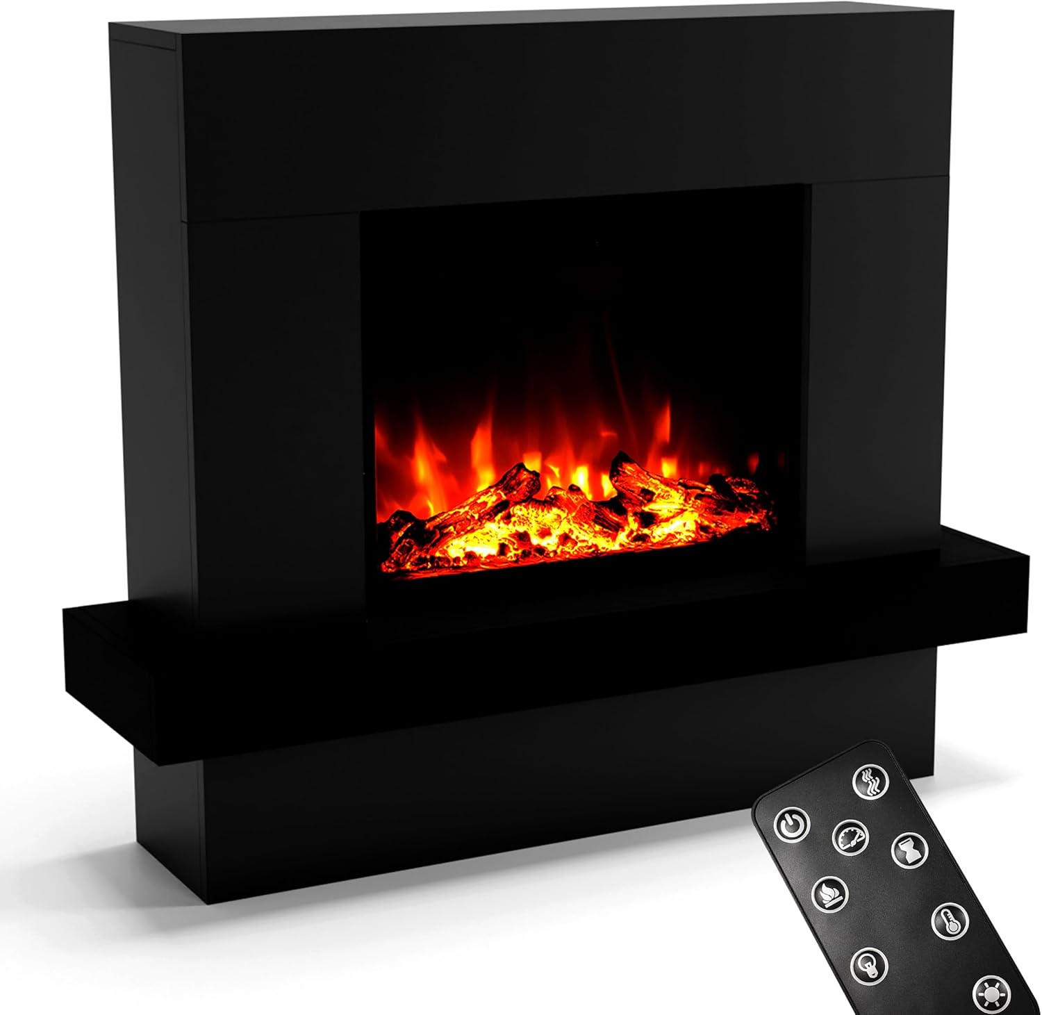 GLOW FIRE Elektrokamin mit Heizung und Kaminfeuer (Standkamin Pandora) - elektrischer Kamin mit LED-Feuer in 3 Farben, Heizlüfter, Holz-Deko & Fernbedienung, 114x97x32 cm, Schwarz