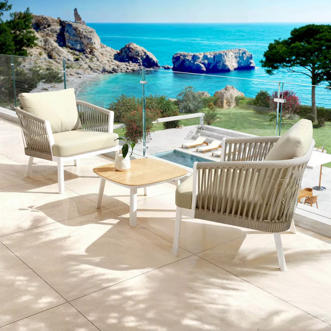 Salon de jardin en aluminium 2 places 3 pcs Amalfi Blanc et beige
