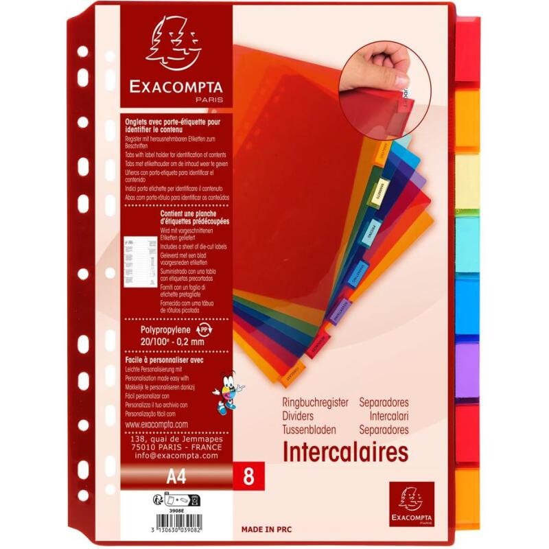 Intercalaires A4 PP transparent couleurs avec porte étiquette 8 positions