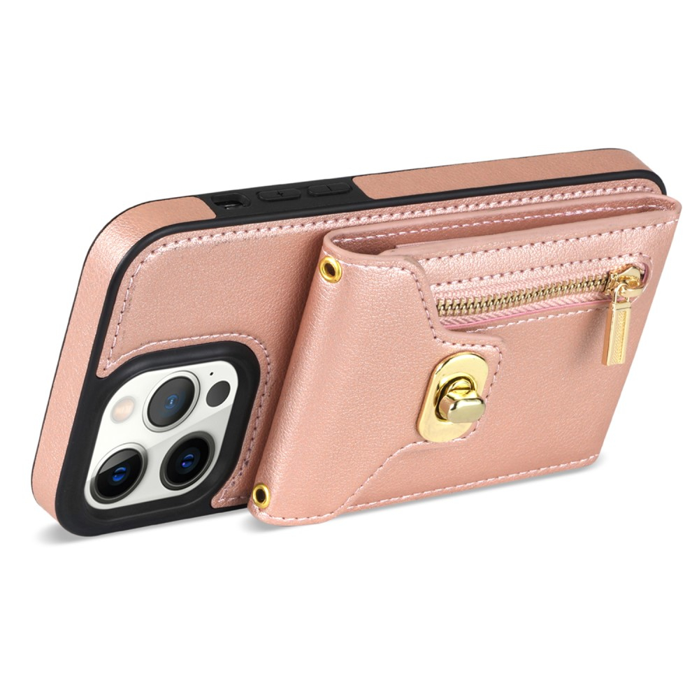 iPhone 15 Pro Max Necklace Leder Schutz Hülle mit Kartenfächer   Handykette (120cm) - Roségold