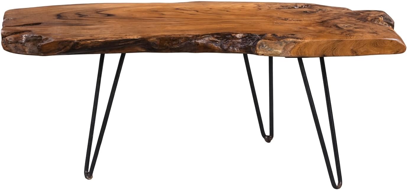 M2 Kollektion Tallus Couchtisch – Massives Teakholz, 100 x 40 x 40 cm I Naturbelassen I Schwarze Metallbeine I Einzigartiges Unikat, Braun