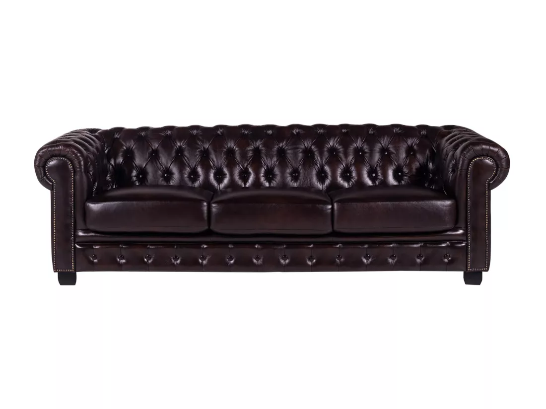 Canapé chesterfield 4 places BRENTON 100% cuir de buffle - Marron reflets châtains