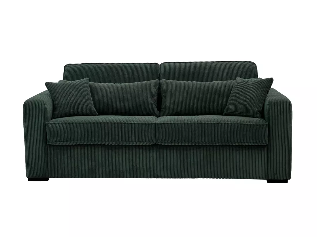 Canapé 4 places convertible express en velours côtelé vert - Couchage 160 cm - Matelas 16 cm - MONDOVI