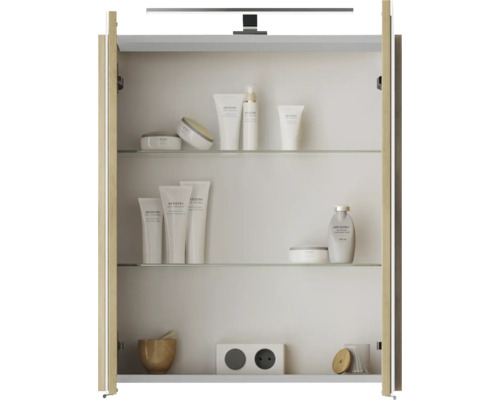 3-delige badkamermeubelset Pelipal serie 4035 BxHxD 60 x 200 x 45 cm, frontkleur eiken riviera, met keramische wastafel in wit en keramische wastafelkast, wastafelmeubel, spiegelkast met LED-verlichting, greep chroom hoogglans 40350600111470