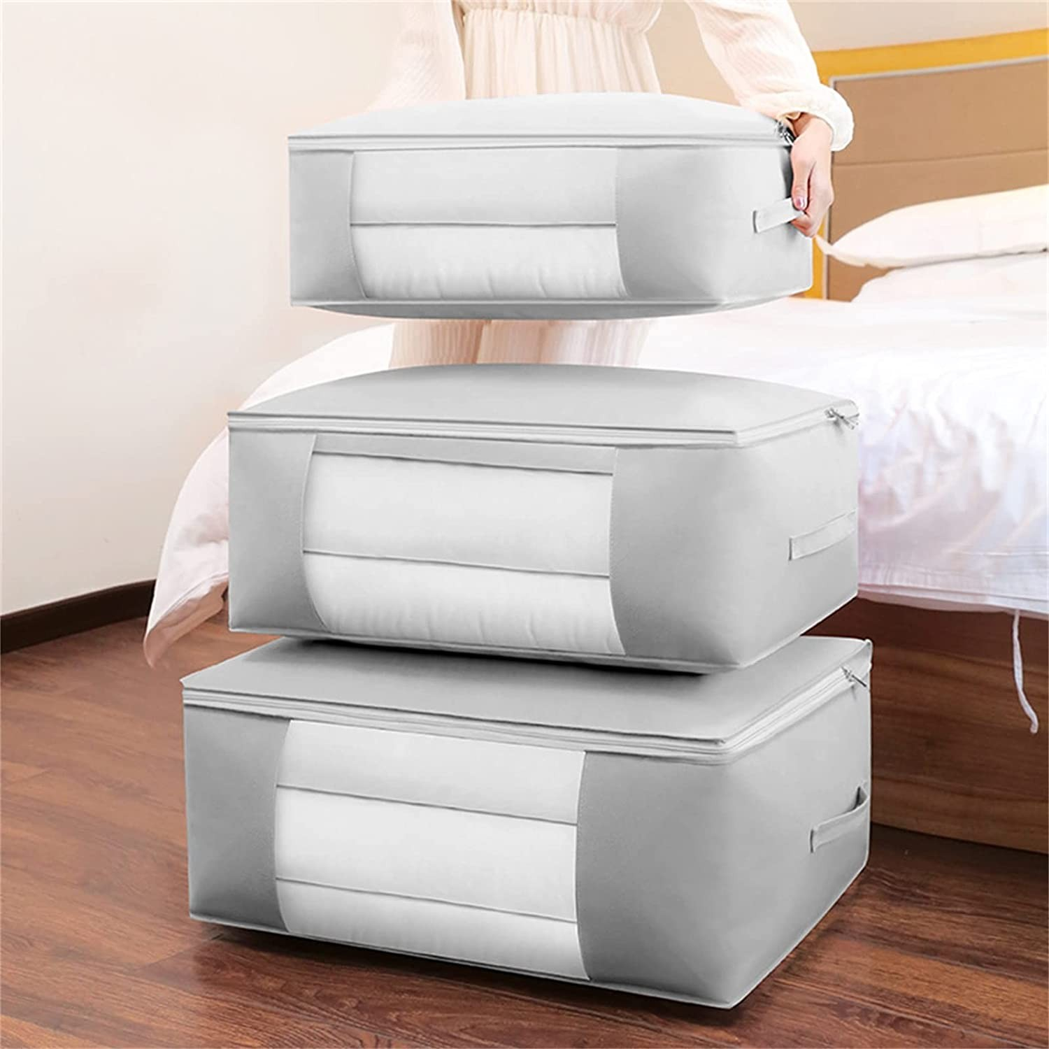(3er Set) Aufbewahrungs Tasche Bettwäsche Organizer Kleider Box mit Sichtfenster - Grau