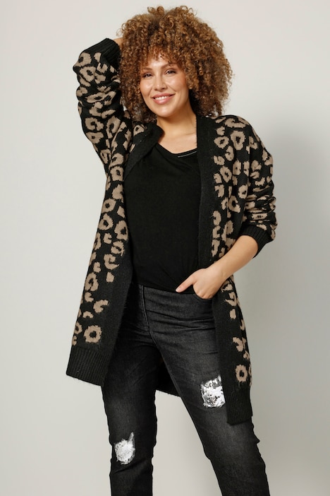 Strickjacke, Leomuster, offene Form, Langarm