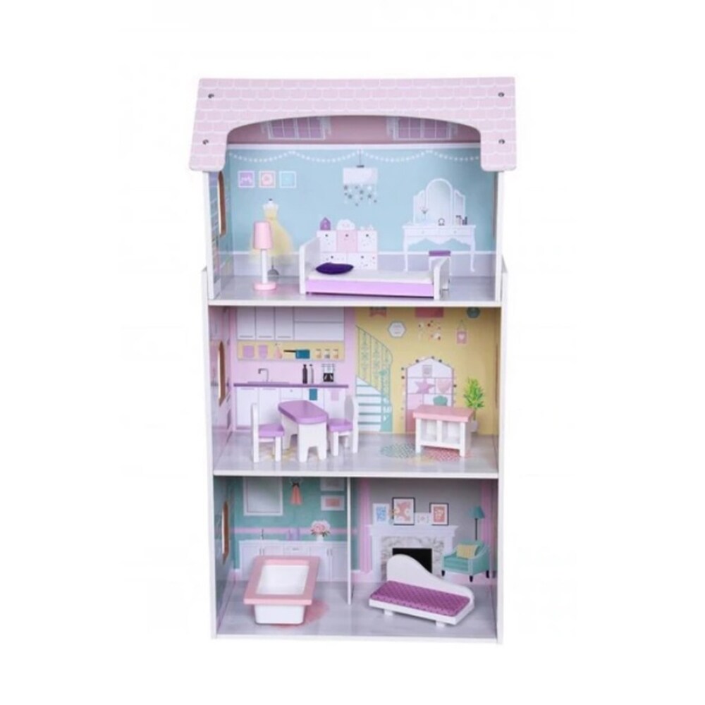 Moni Holz-Puppenhaus Anna 4121, 8-tlg. Möbelset, 3 Etagen, verschiedene Räume rosa