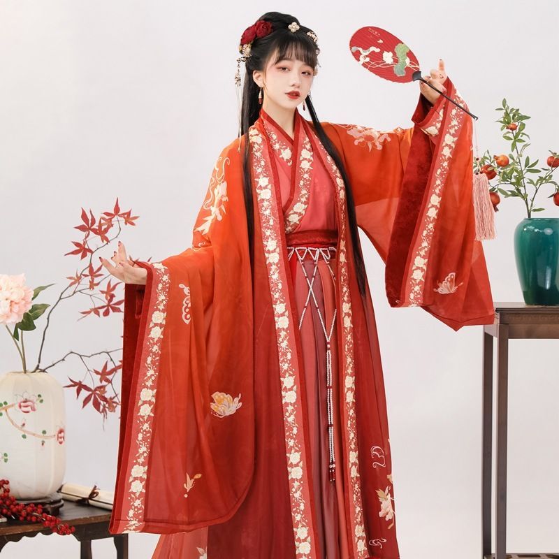 Francoix - Chinese Hanfu set van 3: lange jas met print en lange mouwen + top met print en lange mouwen + maxi-jurk met print en halve body