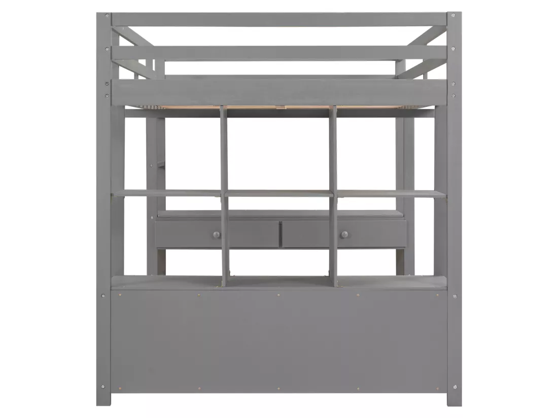 Lit mezzanine 140x200cm pour enfant - lit surélevé avec tiroirs de rangement, bureau et bibliothèque de rangement sous le lit - gris