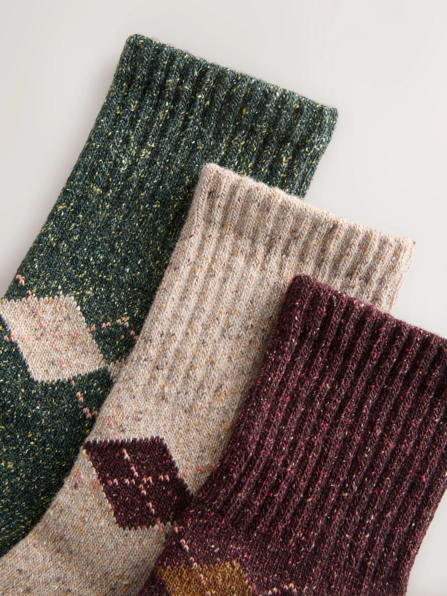 Bessen/Groen/Naturel argyle-patroon - Thermische enkelsokken van wol-zijdemix verpakking van 3