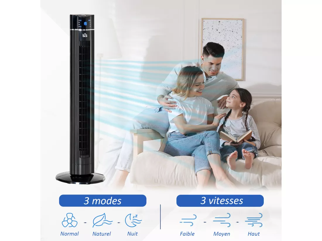 HOMCOM Ventilateur colonne ioniseur 2 en 1 - oscillant silencieux 60W - télécommande, panneau contrôle tactile, timer - 3 modes, 3 vitesses - noir