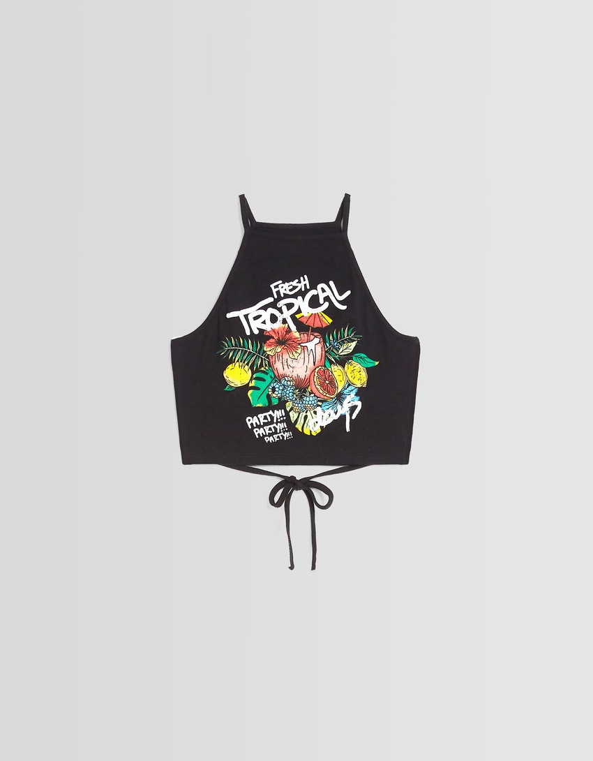 Top estampado com alças e cordão