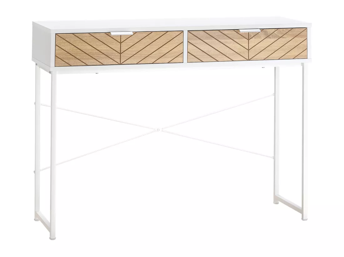 Table console industriel 2 tiroirs aspect bois de chêne sculpté motif à chevrons piètement métal blanc