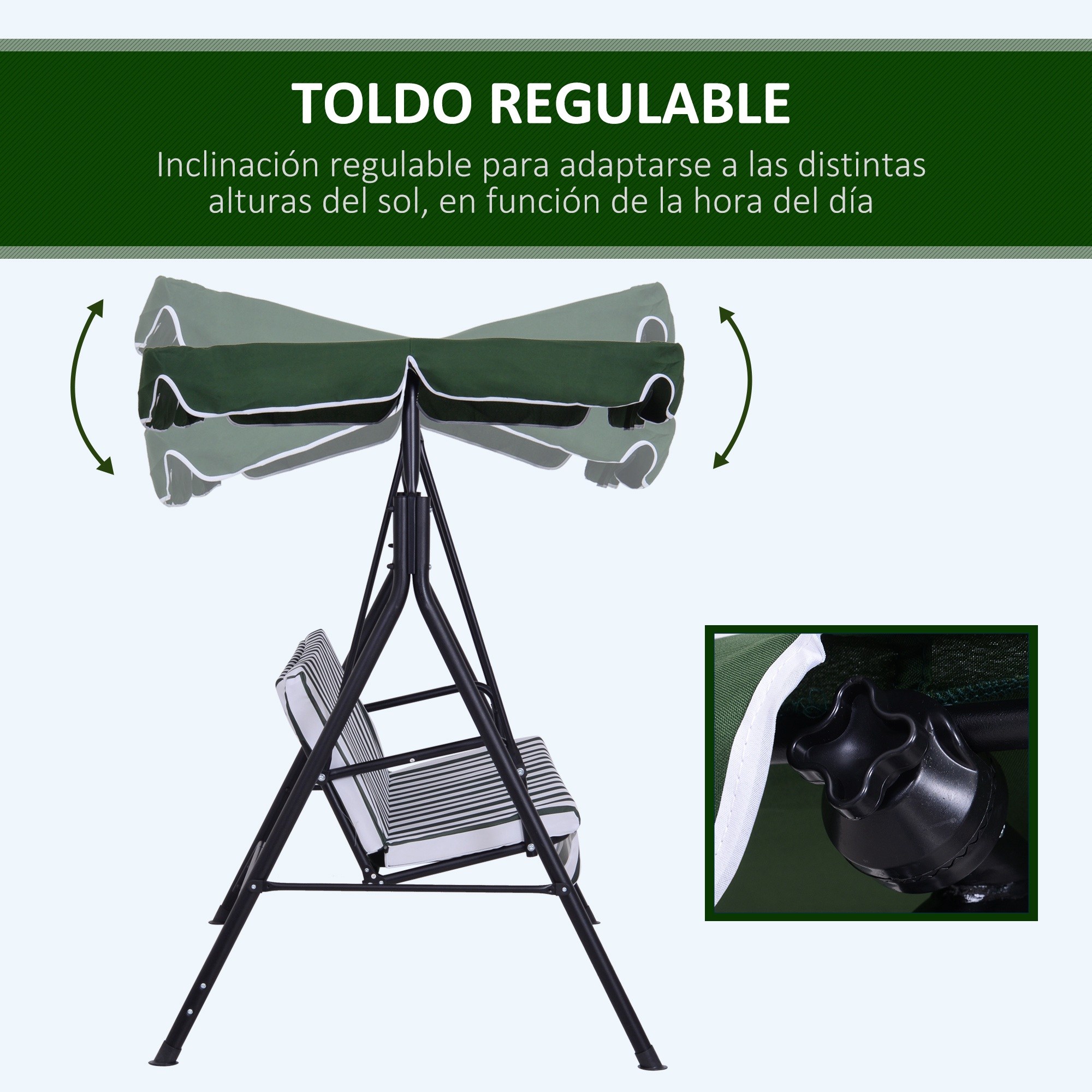 Cadeira de balanço de jardim Outsunny de 3 lugares com cobertura, teto impermeável com ângulo ajustável para pátio externo, varanda, carga máxima de 200 kg, aço, 172x110x153 cm, verde