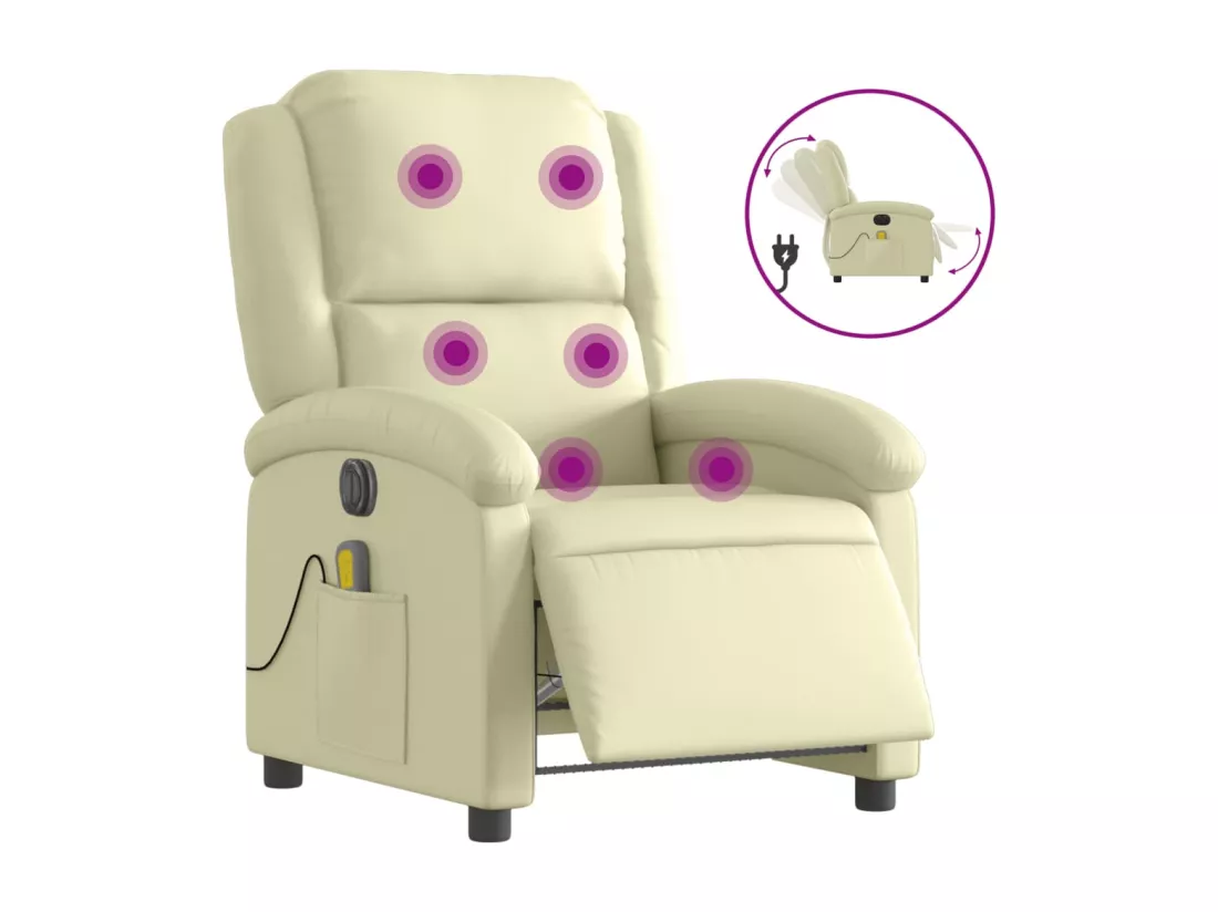 Fauteuil de massage inclinable électrique crème cuir véritable
