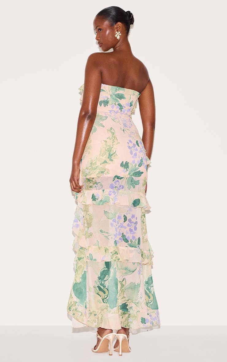 Jaune Robe Longue Bustier À Volants Imprimée