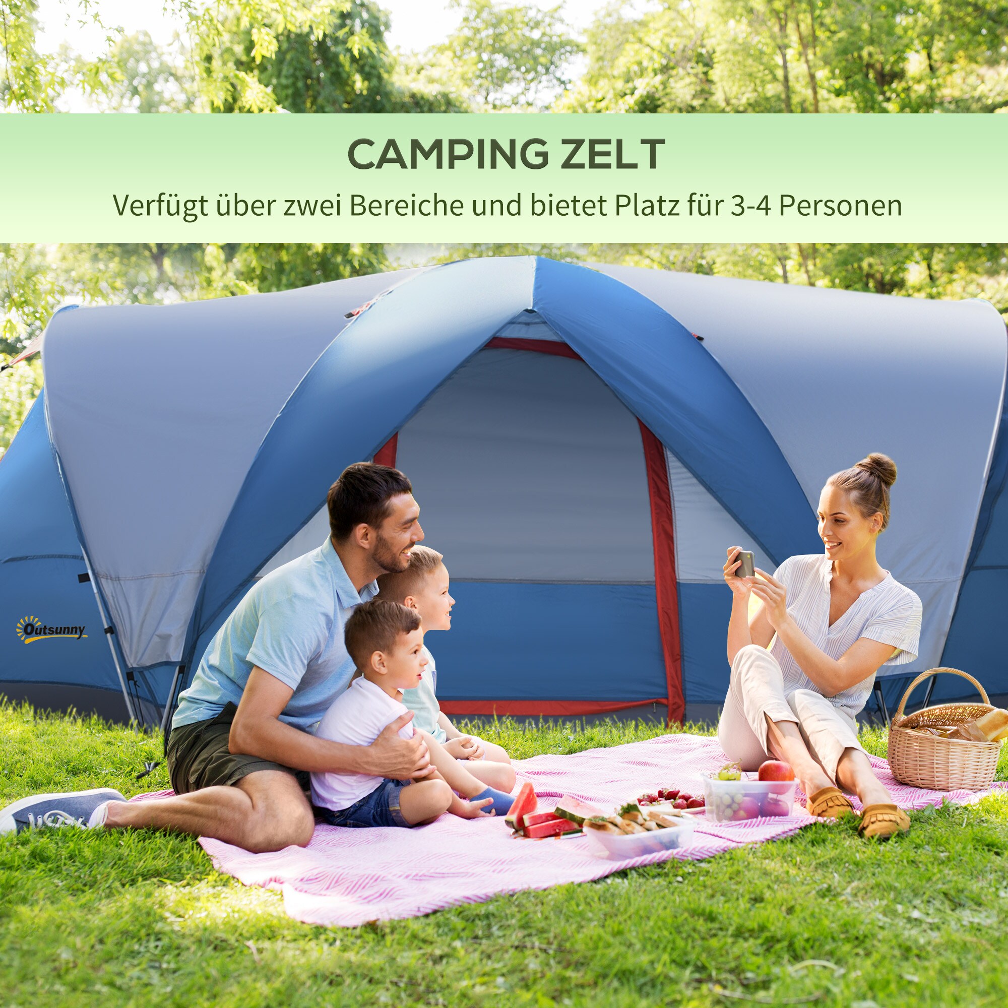 Outsunny Campingzelt mit 2 Türe blau 475L x 207B x 150H cm