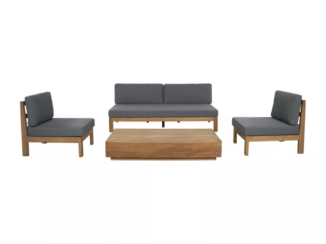 Salon de jardin en teck : un canapé 3 places, 2 fauteuils et une table basse - Naturel clair et gris - SUMINI de MYLIA