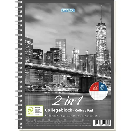 Stylex Duo Collegeblock DIN A4, 50 Blatt kariert, 30 Blatt liniert