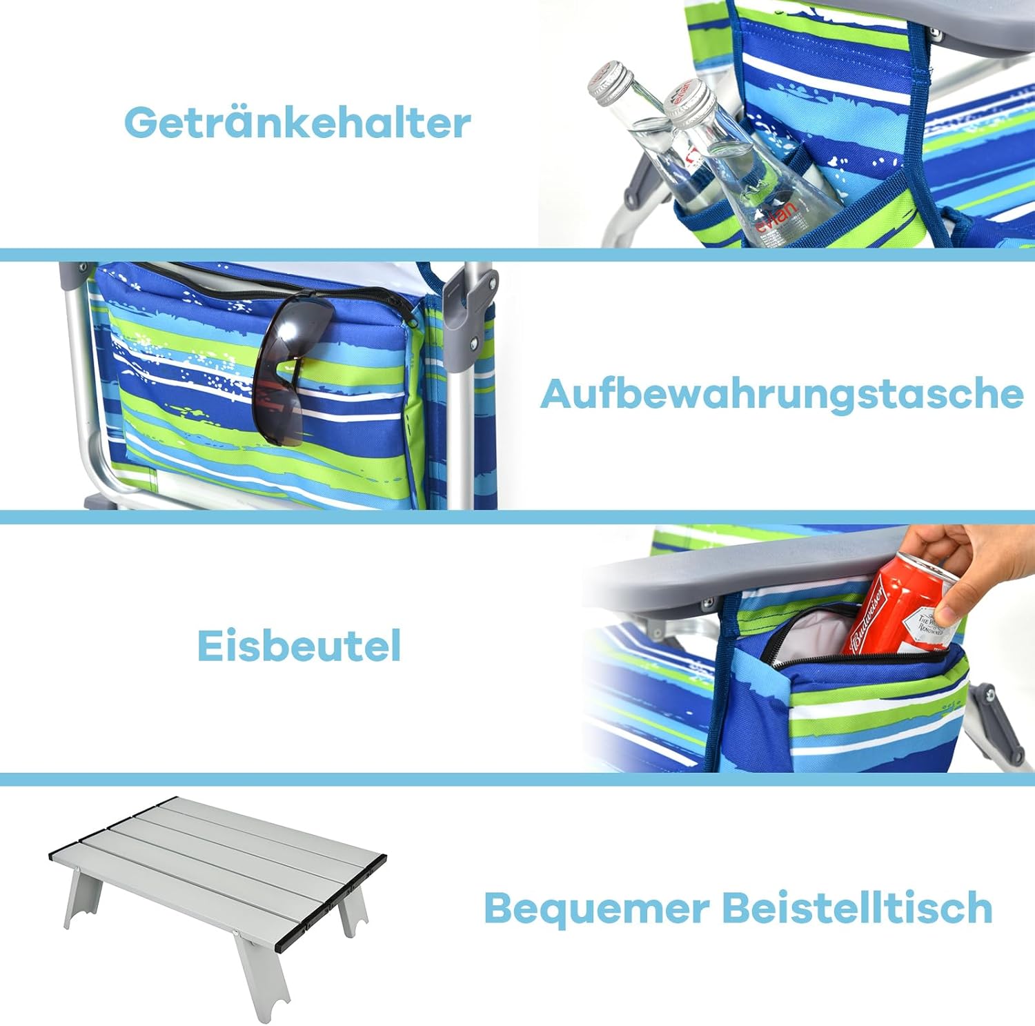 COSTWAY Strandstühle und Tisch Set, klappbare Campingstühle mit Verstellbarer Rückenlehne, Kopfstütze, Seitentaschen, Eisbeutel, Armlehnen & Schultergurten, Klappstühle leicht (Blau + Grün)