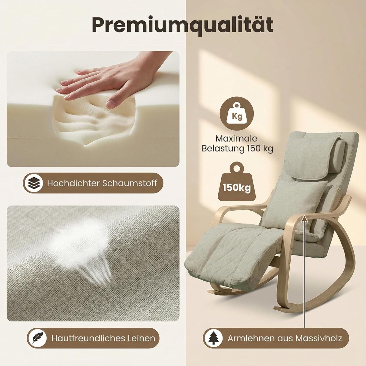 Massage Schaukelstuhl, Relaxsessel, Fernsehsessel mit 3 Zonen Massage, Massagesessel mit Waermefunktion verstellbare Kopfstuetzte und Fußstütze, Bezug abnehmbar 150kg belastbar, Beige