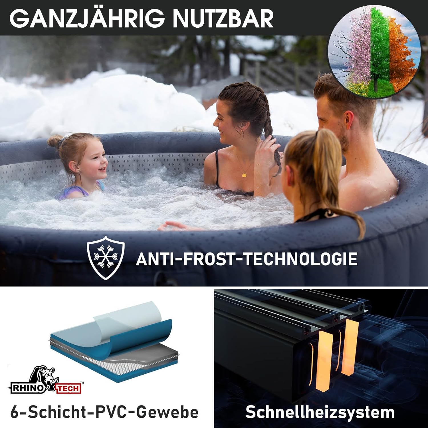 BRAST Whirlpool aufblasbar MSpa Aurora mit LED-Beleuchtung für 6 Personen Ø204x70cm In- Outdoor Pool 138 Massagedüsen Energiespar-Timer Heizung Bubble Wellness Massage