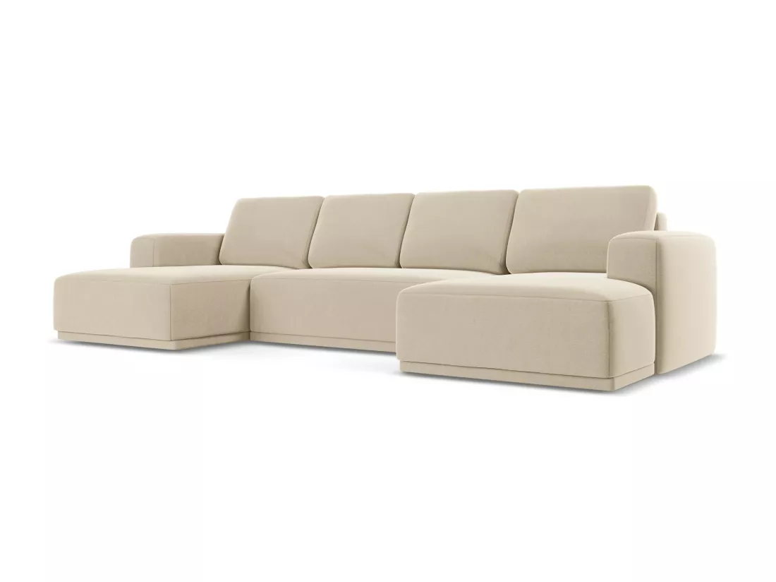 Canapé d'angle panoramique convertible en velours - beige clair - KAILA