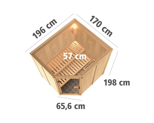 Karibu Petalit modulaire sauna zonder oven en dakkroon, met volledig glazen deur van helder glas