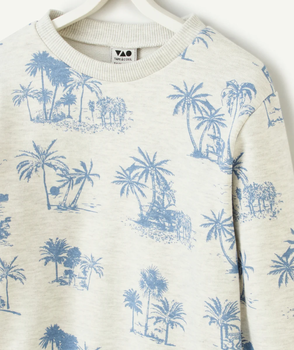 SWEAT GARÇON EN COTON BIO ÉCRU CHINÉ IMPRIMÉ PALMIERS