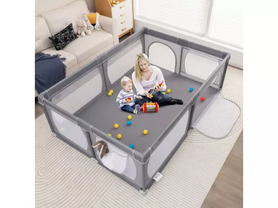 Parc pour Bébé avec 50 Balles Océaniques, Centre d'Activités avec Base Antidérapante, Maille Respirante, Porte à Fermeture Eclair, 206×147×68,5CM (Gris foncé)