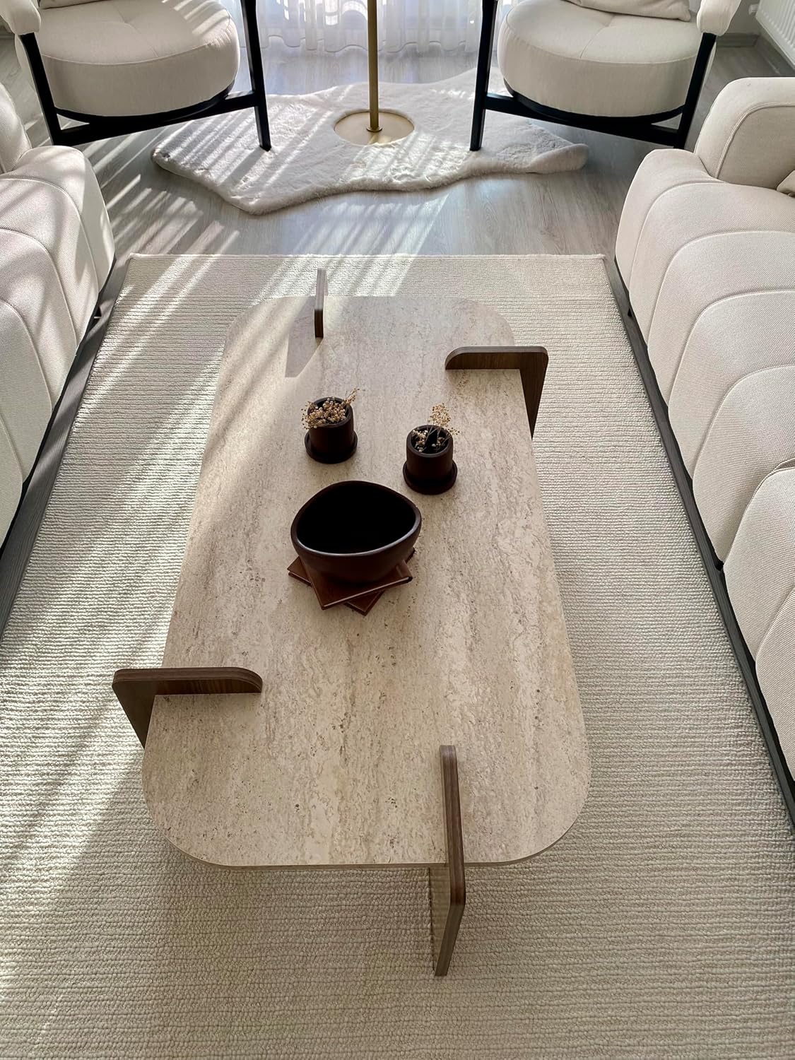 moebel17 Couchtisch Twinkle Travertin Braun Granit Optik, Moderner Sofatisch, Tisch fürs Wohnzimmer aus Holz, Ablagefächer, Stauraum mit Tür, Designer 93342