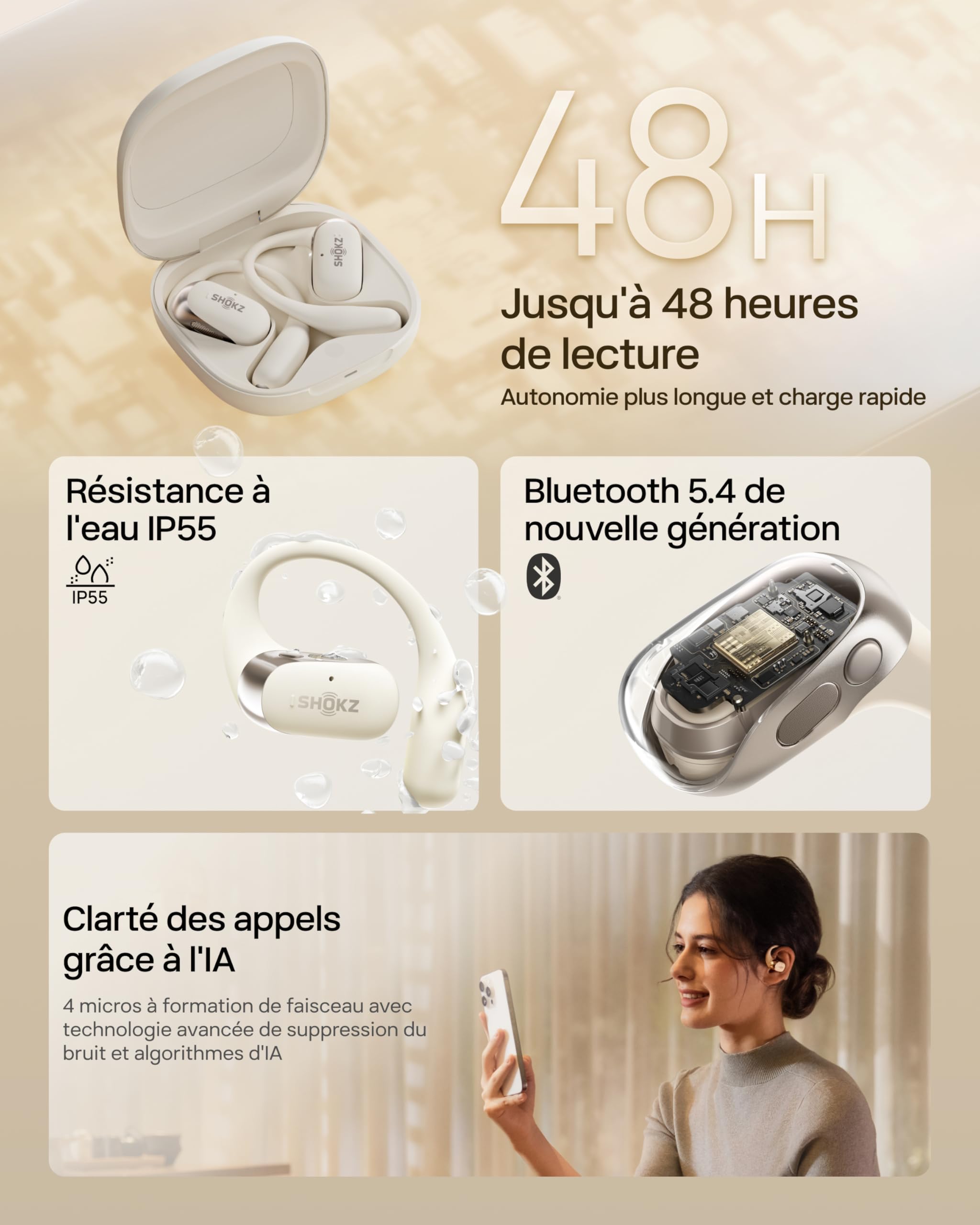 SHOKZ OpenFit 2 Casque à Oreilles Libres, écouteurs Bluetooth sans Fil avec Micro, écouteurs avec Crochet d’oreille et 48 Heures de Lecture, Charge Rapide, résistance IP55, Sac de Transport, Beige